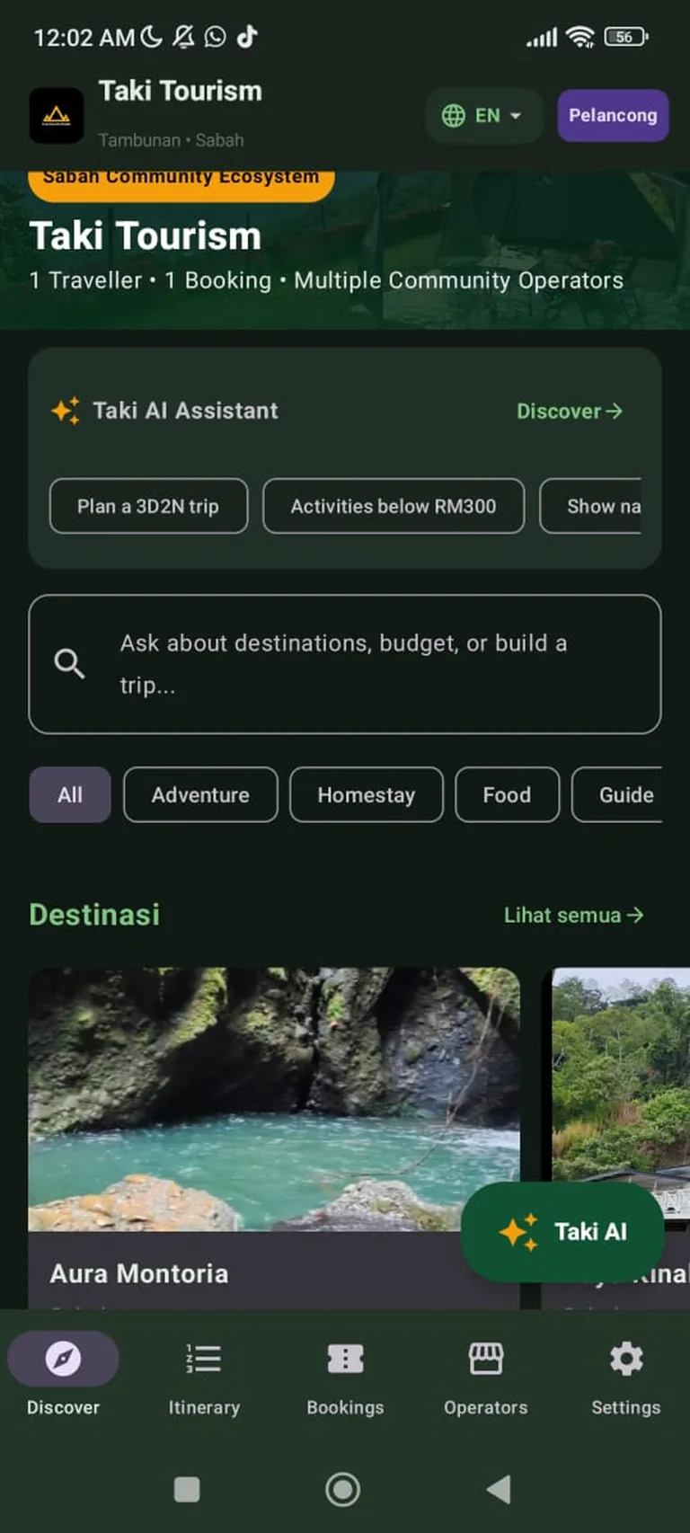 Taki Tourism mobile app discovery screen